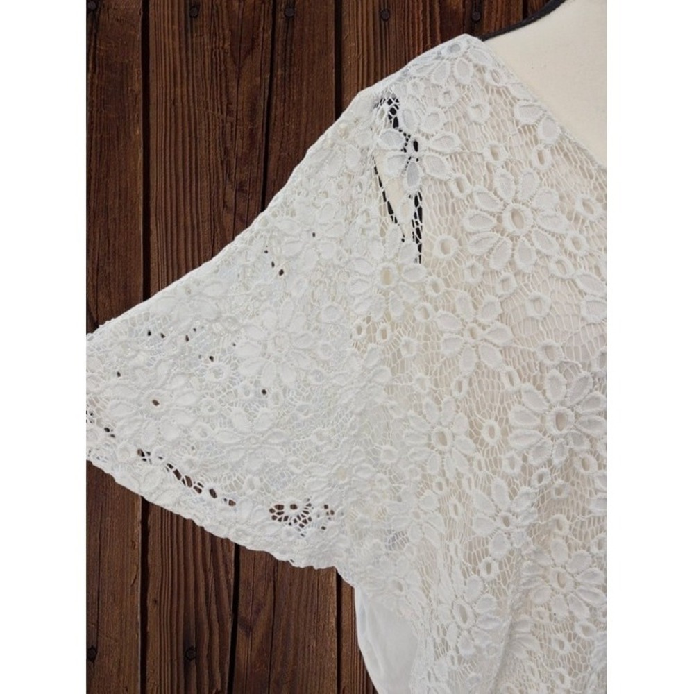 Womens Ivory Floral Lace Overlay Lined Poncho Blouse L Dolman Sleeve Cottagecore - Picture 8 of 11